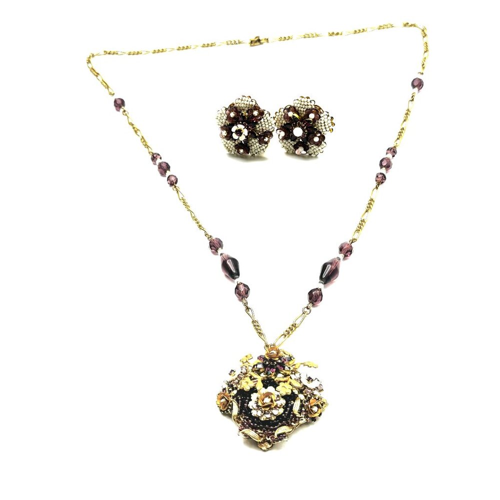 Vintage Stanley Hagler N.Y.C. Floral Milk Glass Necklace & Earring Set—EUC